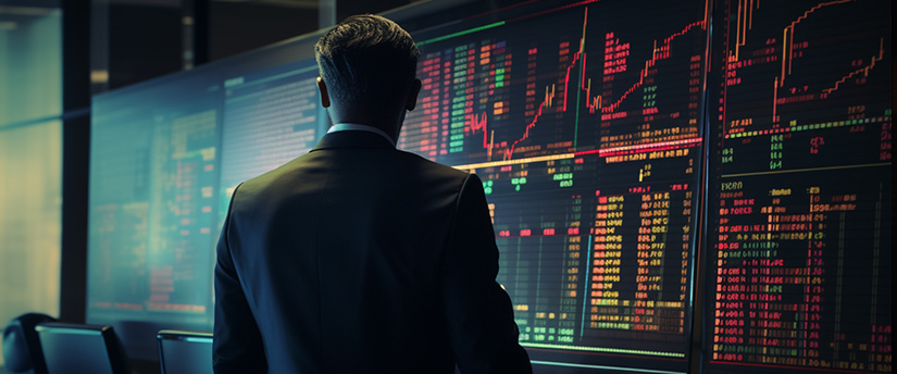 Un professionnel en costume analysant des données boursières sur un écran, se concentrant sur le trading de devises et l'analyse de marché.