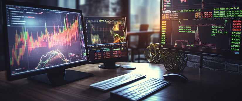 Três monitores com gráficos do mercado de acções, representando a popular negociação forex com alavancagem.