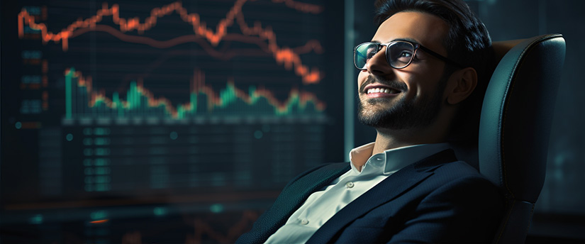 Um homem de óculos sorri enquanto se concentra num ecrã, motivado pela sua paixão pela negociação forex e pelas razões que o levam a manter-se dedicado.