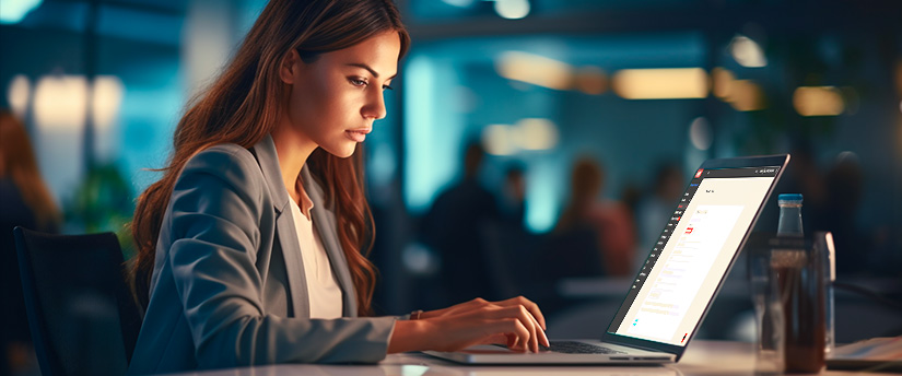 Una mujer concentrada en su escritorio, tecleando en su ordenador portátil, dedicada al comercio de divisas como agente de bolsa.