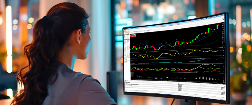 Image montrant une femme trader analysant les tendances du marché des changes et prenant des décisions stratégiques.