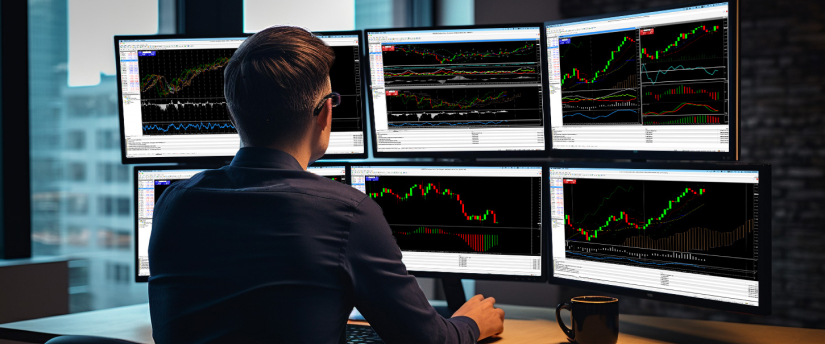 Un homme à un bureau avec plusieurs écrans affichant diverses options de trading, engagé dans le trading forex trader mt4