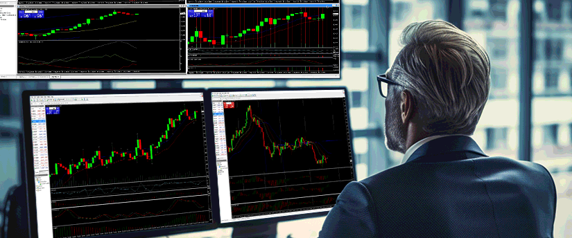 Un homme en costume analyse des indicateurs de trading sur deux écrans, en se concentrant sur le trading des CFDs.