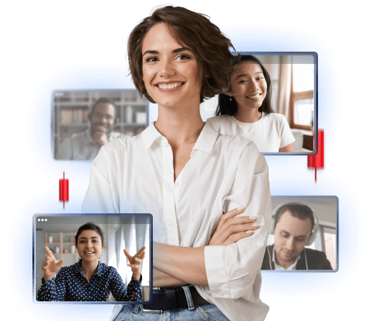 Una mujer joven sonriendo rodeado de 4 pantallas de ordenador portátil con la gente en un seminario web gratuito de divisas en vivo