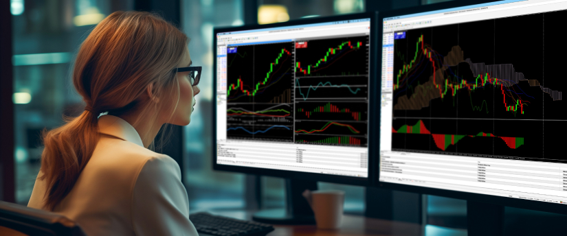 두 개의 모니터가 거래 화면을 표시하는 책상에 앉은 한 여성이 분석을 위해 MT4를 사용하여 CFD 거래에 참여하고 있습니다.