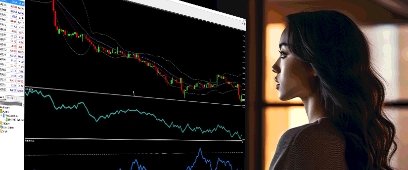 Una mujer se concentra en la pantalla de un ordenador que muestra un gráfico bursátil, enfrascada en un análisis financiero.