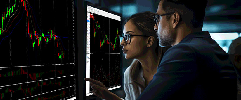 Duas pessoas observam um gráfico da bolsa de valores num ecrã, concentradas em dados financeiros e análises de mercado.