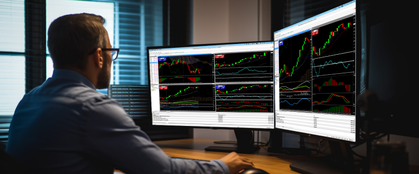 Um homem sentado a uma secretária, concentrado em dois monitores que apresentam vários gráficos da bolsa de valores e análises de dados