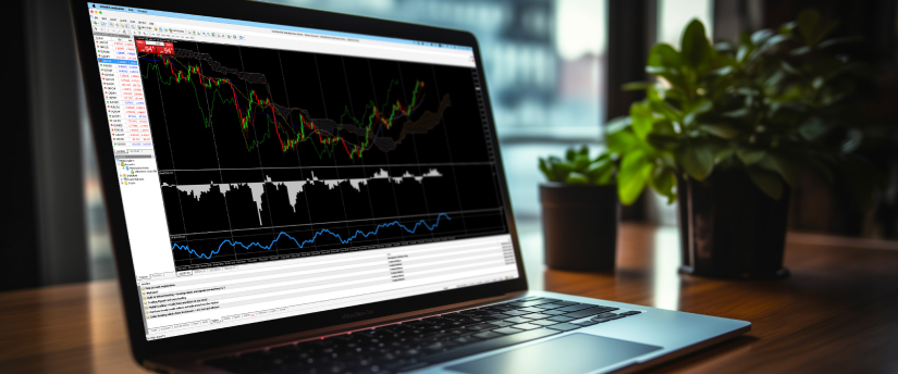 Un portátil muestra gráficos de trading en forex, mientras un trader monitorea activamente el mercado en busca de oportunidades de inversión.