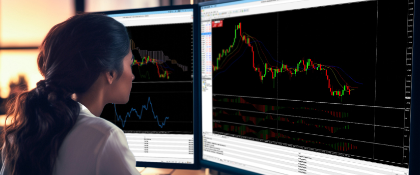 Una trader analiza indicadores de trading mostrados en dos monitores, concentrada en su estrategia de inversión.