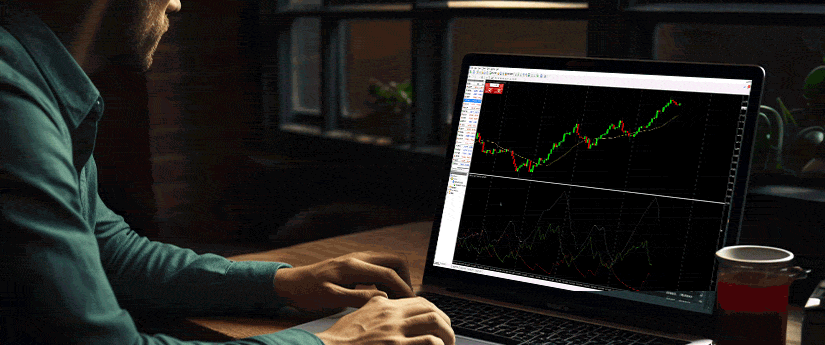 Um homem envolvido em trading de forex no seu portátil, rodeado por gráficos e dados financeiros.