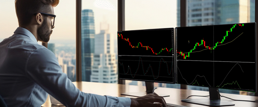 Um homem sentado à secretária, concentrado em dois monitores que exibem vários gráficos de mercado de ações e análises de dados.