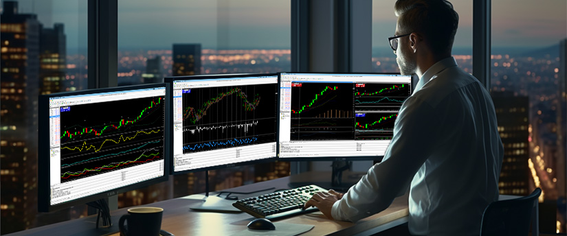 Un hombre en un escritorio con tres monitores mostrando varios gráficos del mercado de valores y análisis de datos