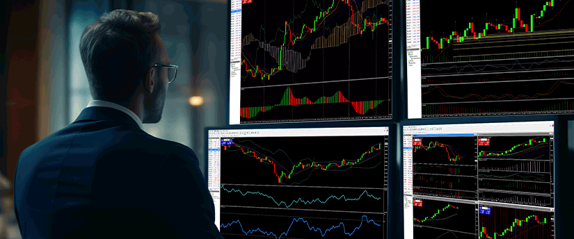 <p>Un hombre con traje analiza múltiples pantallas de trading que muestran diversos indicadores financieros.</p>