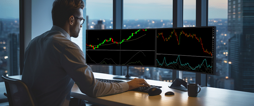 A forex trading analyst monitors live currency charts on dual screens in a modern office, studying market trends and price movements.