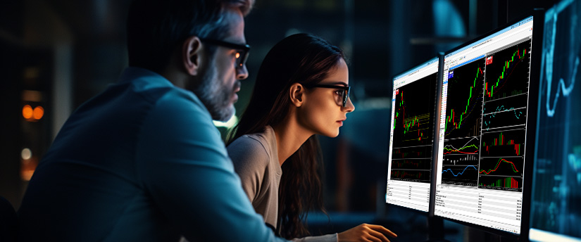 Forex traders analyzing USD/NOK exchange rate charts on monitors