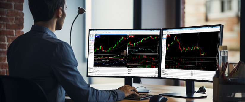 Trader analyzing Tesco stock price charts on dual monitors with candlestick patterns and market indicators.