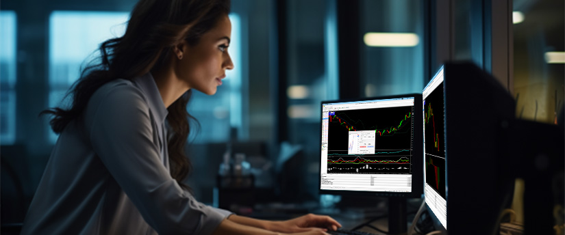 <p>امرأة جالسة على مكتب، تعمل على شاشتين كمبيوتر، مركزة على مهامها.</p>