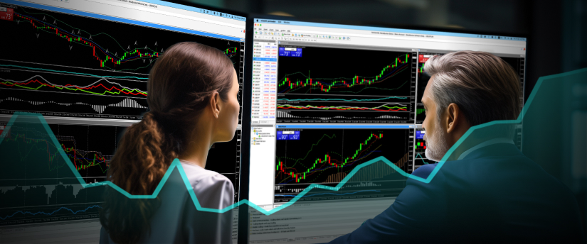 Two individuals analyzing a forex graph displayed on a computer screen, focused on financial data.