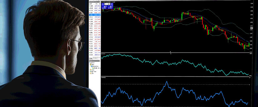 Male trader in a suit analyzing forex charts with indicators on a large computer screen showing a downward trend in the market.