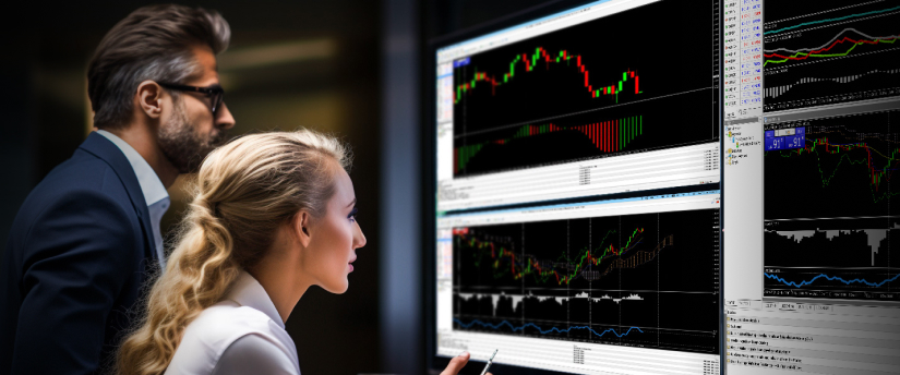 شخصان يدرسان شاشة كمبيوتر تعرض معلومات تداول الأسهم، ويناقشان استراتيجيات السوق والاتجاهات.