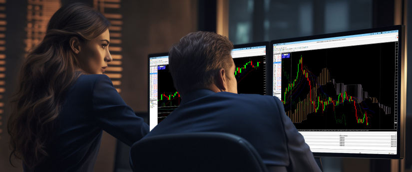 Dos personas analizando un gráfico de trading en la pantalla de un ordenador, enfocándose en técnicas de análisis fundamental