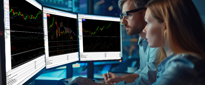 Dos personas analizando una pantalla de ordenador que muestra varias opciones de trading de forex en una escuela de trading