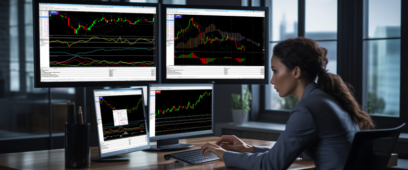 Une femme assise à un bureau, concentrée sur trois écrans affichant différents indicateurs et graphiques de trading.