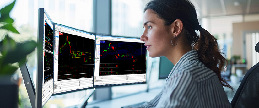 A woman seated at a desk, focused on three monitors showing different trading options and market data.
