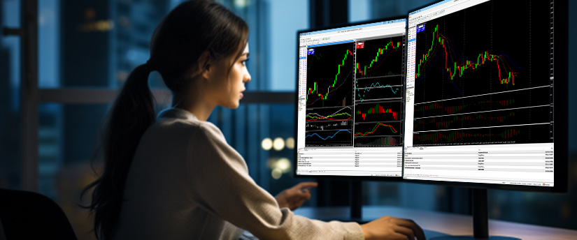 Uma mulher em uma mesa com dois monitores exibindo várias telas de negociação e análise de dados.