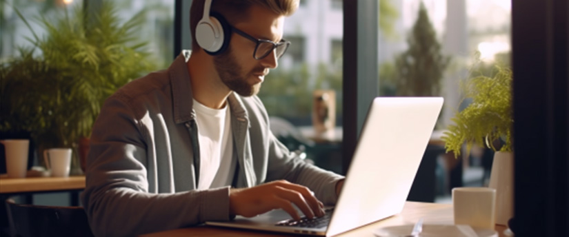 Un homme portant des écouteurs et des lunettes est concentré sur son ordinateur portable, occupé à travailler ou à accomplir une tâche.