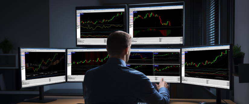 Um homem sentado em uma mesa, cercado por várias telas mostrando diversas opções de negociação em uma plataforma de trading.