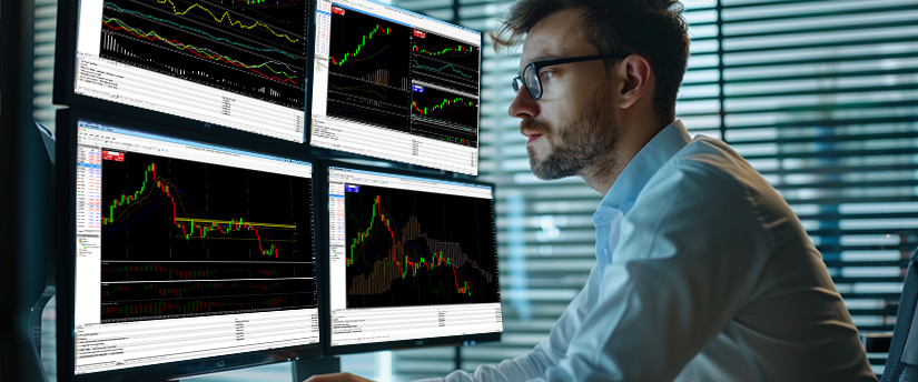 Um homem em uma mesa com múltiplas telas exibindo várias opções de negociação forex e análise de dados