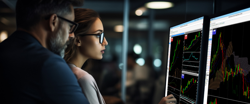 Duas pessoas analisando uma tela de computador exibindo um gráfico do mercado de ações forex