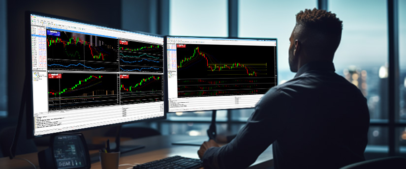 Un homme assis à un bureau avec deux écrans affichant diverses interfaces de trading et analyses de données