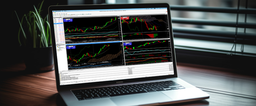 حاسوب محمول مع عدة شاشات تعرض خيارات تداول مختلفة وبيانات السوق للتحليل المالي.