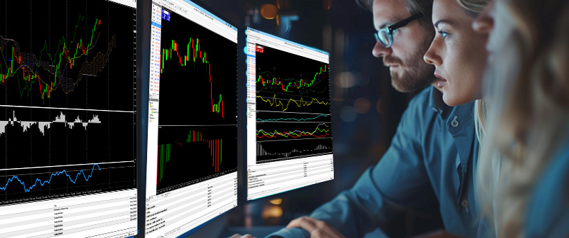 شخصان يدرسان بيانات تداول الفوركس المعروضة على شاشة الكمبيوتر، منخرطان في التحليل المالي