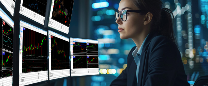 Une femme portant des lunettes analyse plusieurs écrans de trading, reflétant les habitudes des traders sur le marché des changes.