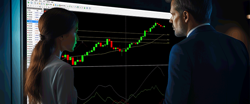 A man and woman observe a screen displaying forex trading indicators, focused on learning for beginners.