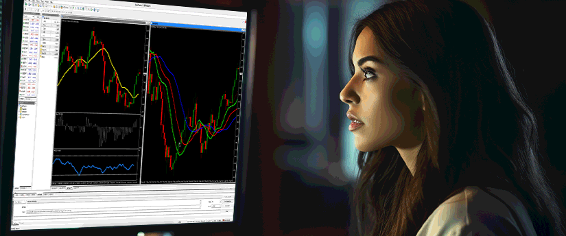 A woman analyzing a trading chart on her computer, focused on developing effective trading strategies.