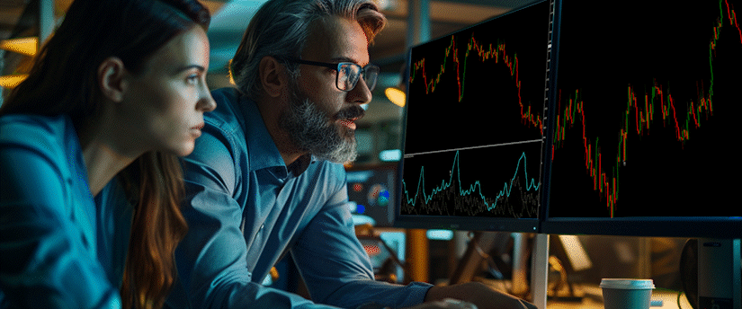 Two individuals analyzing stock market graphs on a computer screen, discussing their MT4 trading strategy.