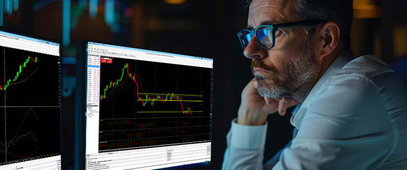 A man with glasses studies trading charts on two computer monitors in a dimly lit room, reflecting his trading personal plan goal style as the screens display stock graphs with rising and falling lines.