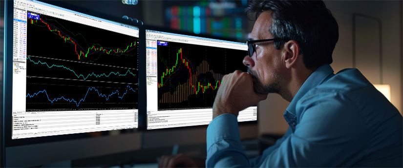 A man in glasses and a white shirt analyzes financial charts on computer monitors in a dimly lit office at night, with city lights visible, showing how emotions influence your trading.
