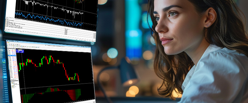 A focused young woman looks intently at multiple computer screens displaying financial trading charts and data, analyzing forex news trading strategies.