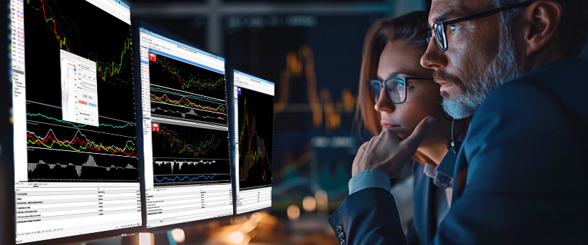 A man and a woman intently analyze multiple computer screens displaying financial trading charts, assessing the impact of US inflation on their trading strategies.