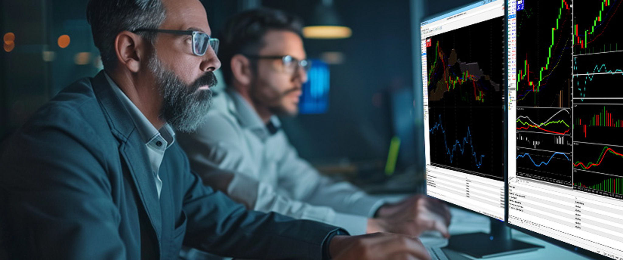 Two men focus intently on computer screens displaying financial trading charts and data, studying forex news trading strategies.