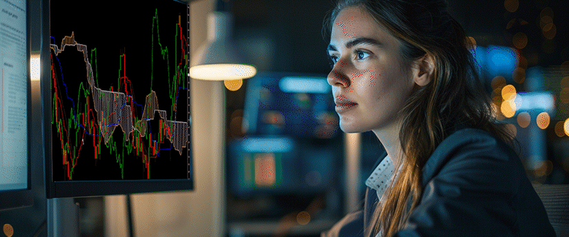 A young woman intently watches multiple complex financial charts on a computer screen in a dimly lit office, analyzing the impact of US inflation on market trends.