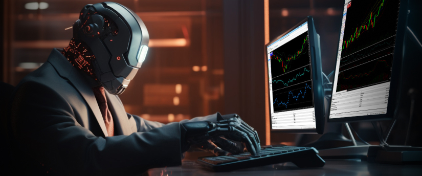 A humanoid robot in a suit types on a keyboard while watching two monitors displaying financial charts, representing forex robots for automated trading.