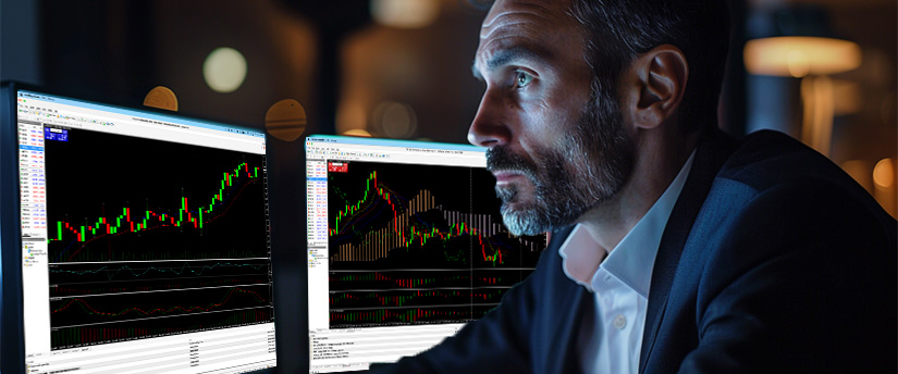 A man in a suit looks intently at two computer monitors displaying financial trading charts in a dark room, focusing on fundamental analysis for forex traders.