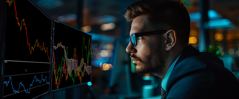 A man in glasses intently views multiple computer monitors displaying financial charts, focusing on fundamental analysis for forex traders.